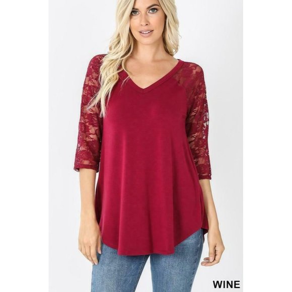 Zenana fuchsia Lace Sleeve Dolphin Hem Top - Picture 3 of 13